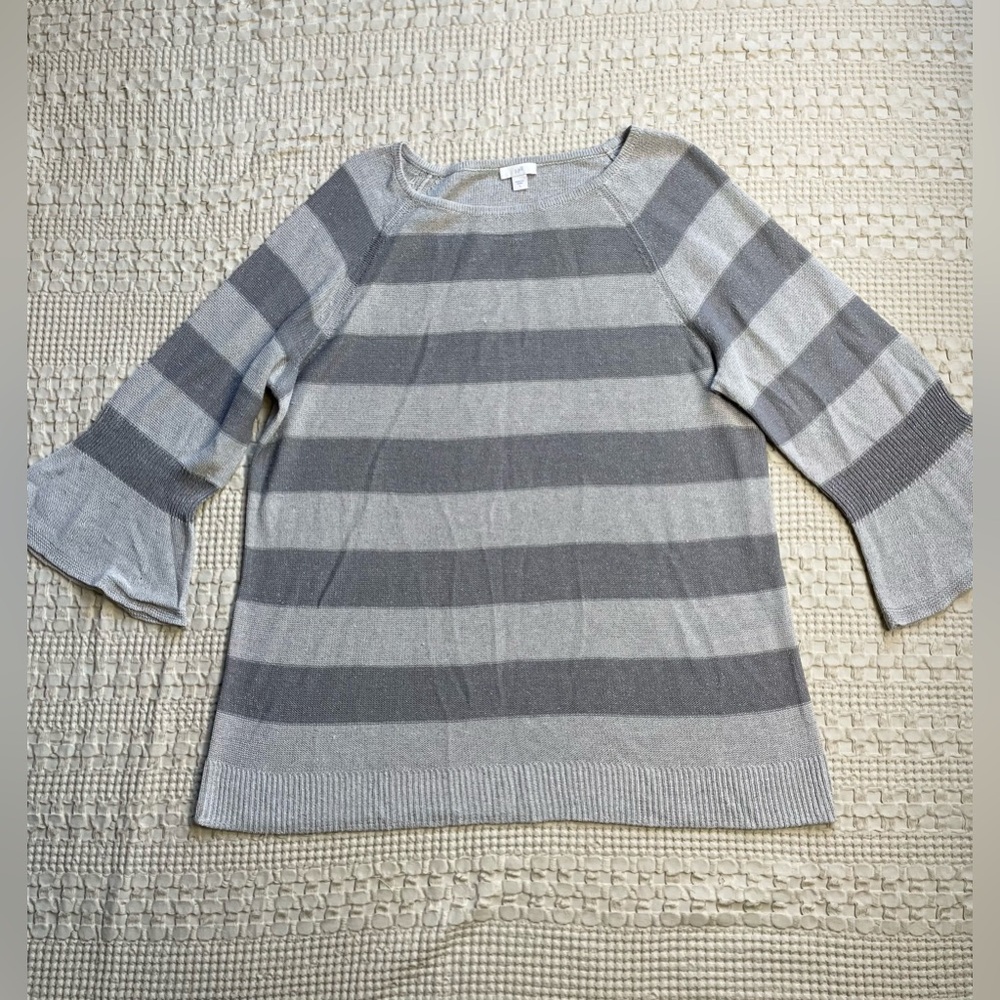 J.Jill‎ Silver Gray Metallic Stripe Linen Blend Loose Weave Bell Sleeve Top